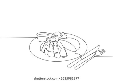 Einzelne durchgehende Linie Zeichnung geschnitten ​brisket ​ Grillsauce, Brokkoli und einige Tomaten, Messer und Gabel. Ein sehr leckeres Abendessen. National Brisket Day. Vektorgrafik mit einzeiligem Design