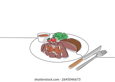 Single continuous line drawing sliced ​​brisket with barbecue sauce, broccoli and some tomatoes, knife and fork. A very delicious dinner. National Brisket Day. One line design vector illustration
