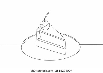 Línea continua única dibujando rebanadas de pastel de chocolate cubierto con crema y cereza. Un plato de chocolate muy delicioso. Celebración. Día Nacional del Pastel de Chocolate. Ilustración vectorial de diseño de una línea