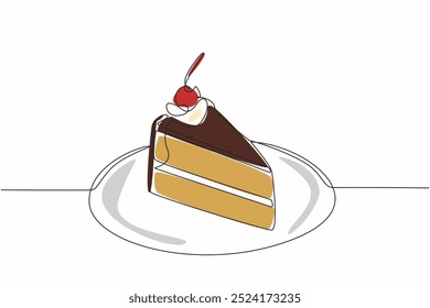 Single continuous line drawing slices of chocolate cake topped with cream and cherry. A very delicious chocolate dish. Celebration. National Chocolate Cake Day. One line design vector illustration