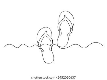 Single continuous line drawing of slippers for beach. summer party. Isolated on white background vector illustration