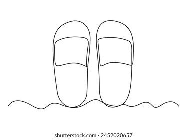Single continuous line drawing of slippers for beach. summer party. Isolated on white background vector illustration