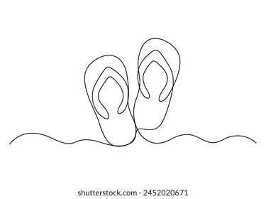 Single continuous line drawing of slippers for beach. summer party. Isolated on white background vector illustration