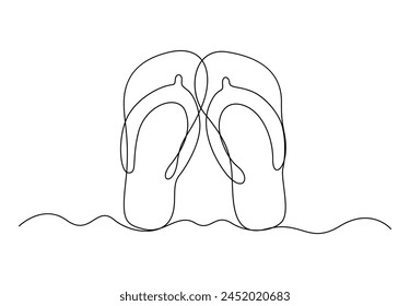 Single continuous line drawing of slippers for beach. summer party. Isolated on white background vector illustration