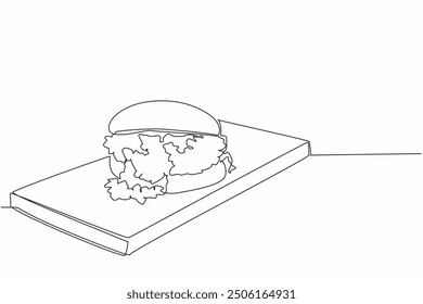 Single continuous line drawing sloppy joe on square cutting board. Ready to be served. Very delicious savory sandwich. Minced beef filling. National Sloppy Joe Day. One line design vector illustration