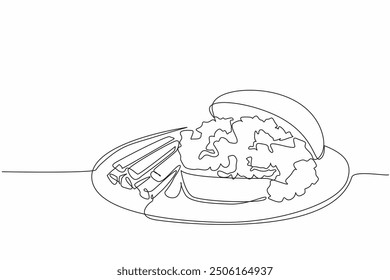 Single continuous line drawing sloppy joes and fries served on round plates. Crunchy french fries. Delicious and savory meat filling. Full. National Sloppy Joe Day. One line design vector illustration