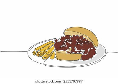 Linha única contínua desenhando joes desleixados e batatas fritas servidas em placas redondas. Batatas fritas crocantes. Recheio de carne delicioso e salgado. Cheio. Dia Nacional do Zé Descuidado. Ilustração de vetor de design de uma linha