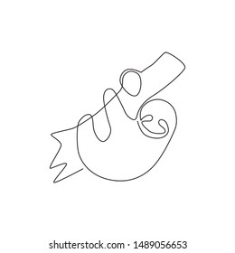Single continuous line drawing of slow cute sloth hanging at limb tree for logo identity. Marsupial animal mascot concept for pet lover club icon. One line draw design graphic vector illustration
