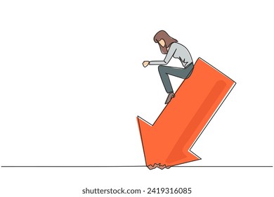 Single continuous line drawing sluggish businesswoman sits downcast on a swooping arrow stuck in the ground. Losses from the stock exchange. Heavy inflation. One line design vector illustration