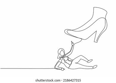 Single Continuous Line Drawing Small Businesswoman Under The Giant Foot. Big Foot In The Shoe Is Going To Crush Employee. Minimalism Metaphor Concept. One Line Draw Graphic Design Vector Illustration