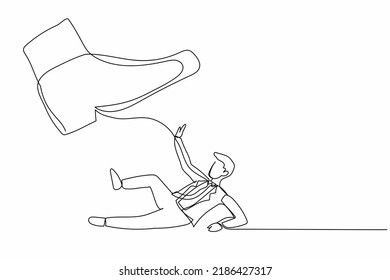 Single Continuous Line Drawing Small Businessman Under The Giant Foot. Big Foot In The Shoe Going To Crush Office Worker. Minimalism Metaphor Concept. One Line Draw Graphic Design Vector Illustration