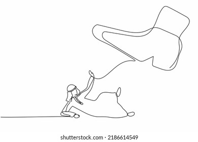 Single Continuous Line Drawing Small Arabic Businessman Under The Giant Foot. Big Boss Foot In The Shoe Going To Crush Manager. Minimalism Metaphor Concept. One Line Graphic Design Vector Illustration