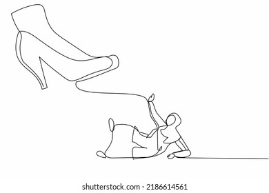 Single Continuous Line Drawing Small Arabian Businesswoman Under The Giant Foot. Big Boss Foot In The Shoe Is Going To Crush Office Clerk. Minimal Metaphor. One Line Graphic Design Vector Illustration