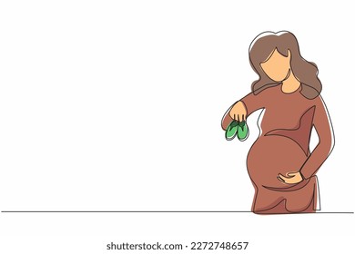 Single continuous line drawing small shoes for unborn baby in belly pregnant woman  Pregnant woman holding small baby shoes relaxing at home in bedroom  Dynamic one line draw graphic design vector