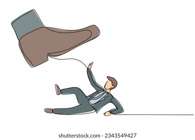 Single continuous line drawing small businessman under the giant foot. Big foot in the shoe going to crush office worker. Minimalism metaphor concept. One line draw graphic design vector illustration