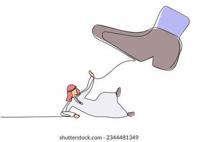 Single continuous line drawing small Arabic businessman under the giant foot. Big boss foot in the shoe going to crush manager. Minimalism metaphor concept. One line graphic design vector illustration