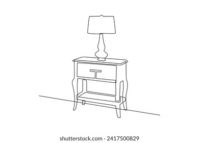 Single continuous line drawing of small cupboard decoration and lamp in bedroom. Luxurious interior. interior decoration minimalist concept. Bedroom. Very cozy rooms. Staycation. One line design vecto