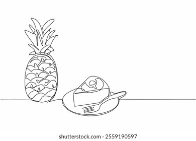 Single continuous line drawing small pieces of pineapple upside-down cake on a small plate. Cake with a distinctive taste. Delicious. Pineapple Upside-Down Cake. One line design vector illustration