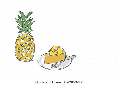 Single continuous line drawing small pieces of pineapple upside-down cake on a small plate. Cake with a distinctive taste. Delicious. Pineapple Upside-Down Cake. One line design vector illustration