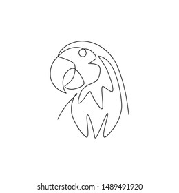 Single continuous line drawing of smart funny parrot bird head for company logo identity. Flying animal mascot concept for pet lover club icon. Trendy one line draw graphic design vector illustration