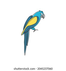 Single continuous line drawing of smart funny parrot bird for company logo identity. Flying animal mascot concept for pet lover club icon. Modern one line draw design vector graphic illustration