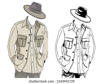 Single continuous line drawing smart cowboy dress with hat and jacket, Collection of Men Clothes Outline Templates