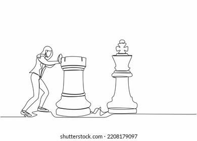 Single continuous line drawing smart businesswoman push huge rook chess piece to beat king. Business strategy to winning market competition. Strategic move. One line graphic design vector illustration