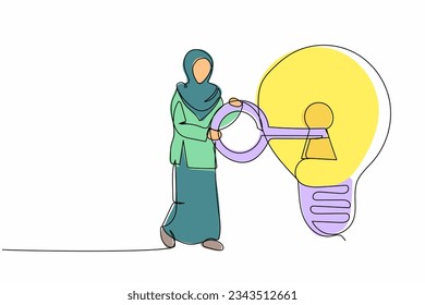 Single continuous line drawing smart Arab businesswoman put key into light bulb. Innovation in business idea, invent new product or creative thoughts. One line draw graphic design vector illustration