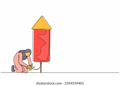Single continuous line drawing smart Arabian businesswoman launching firework rocket. Increase company growth or economic boom, career development concept. One line graphic design vector illustration
