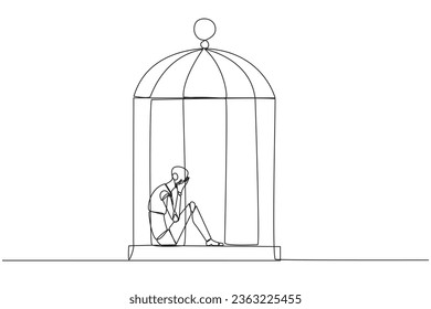 Single continuous line drawing smart robotic trapped in the cage sitting covering face. Feel utterly defeated. Trapped in a dirty business. Mentally tired. Lost. One line design vector illustration