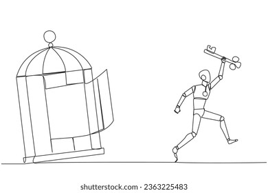 Single continuous line drawing smart robot running out of the cage holding the key. Concept of freedom from something that binds. Freedom to advance business. One line design vector illustration