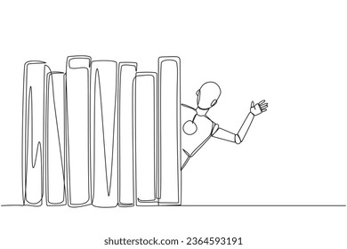 Single continuous line drawing smart robot appears from behind a row of books. Invitation to read books at the library. Like to reading book. Book festival concept. One line design vector illustration