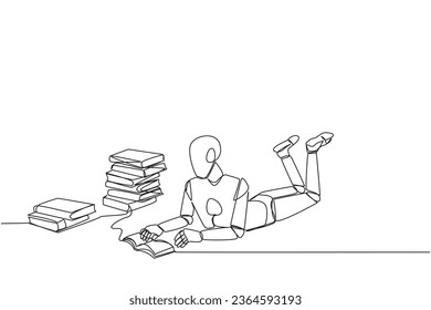 Single continuous line drawing smart robot really likes reading. Everyday one book is read. Good habit. There is no day without reading book. Book festival concept. One line design vector illustration