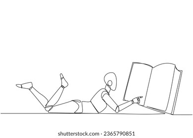 Single continuous line drawing smart robot lying on stomach reading big book. Enjoy reading books in a variety of styles. Reading increases insight. Love reading. One line design vector illustration