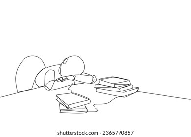 Single continuous line drawing smart robotic asleep at table where there were piles of books. Tired after successfully finish favorite reading book. Love reading. One line design vector illustration
