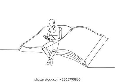Single continuous line drawing smart robot sitting reading on large flying book. Relax reading like on a carpet flying into the sky. Future technology development. One line design vector illustration