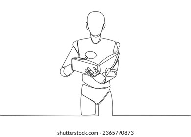 Single continuous line drawing smart robot reading book while holding a magnifier. Small letters that robots cannot recognize without tools. Looking for something. One line design vector illustration