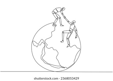Single continuous line drawing smart robotic helps colleague climb the big globe. Metaphor of reaching top of the world through increasing business. Great teamwork. One line design vector illustration