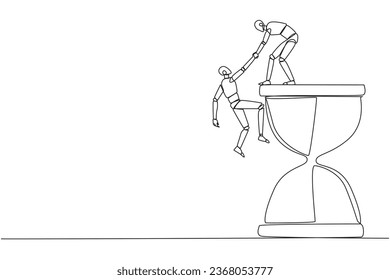 Single continuous line drawing smart robotic helps colleague climb the big hourglass. Have many assignment deadlines. Sharing with colleague will become easier. One line design vector illustration