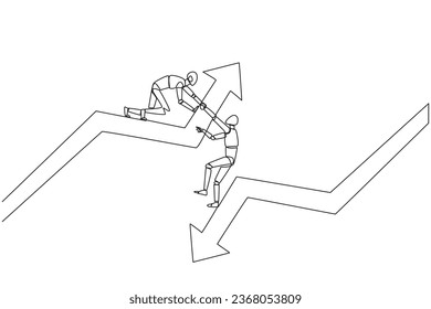 Single continuous line drawing smart robot helps colleague climb arrow symbol. Teamwork to raise better level together. Best partner ever. Maintain cohesiveness. One line design vector illustration