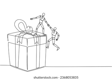 Single continuous line drawing smart robotic helps colleague climb the big gift box. Integrated teamwork to reach highest level for rewards. Helping each other. One line design vector illustration