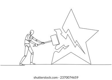 Single continuous line drawing smart robot preparing to hit the big star. The destroyer of dream. Failed to get the best career position. Anger overflowed. AI tech. One line design vector illustration