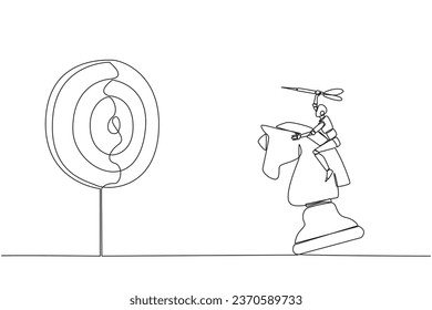 Single continuous line drawing smart robot future technology holding a dart arrow while riding chess horse piece, strategic concept. Success business manager. One line design vector illustration