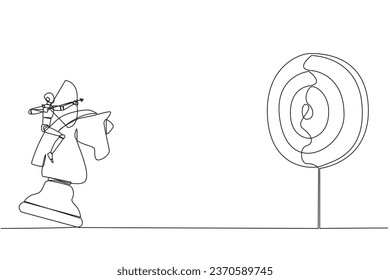 Single continuous line drawing smart robot future tech holding archery aiming target while riding chess horse piece, strategic concept. Success business manager. One line design vector illustration
