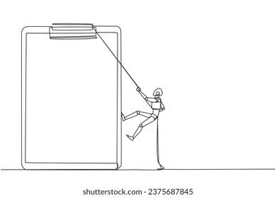 Single continuous line drawing smart robot climbing clipboard with the rope. Extra effort to work on reports optimally. The final report is awaited. Work hard. One line design vector illustration