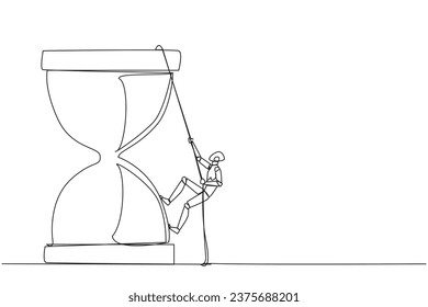 Single continuous line drawing smart robot climbs hourglass with the rope. The countdown is set. Deadline is coming soon. Time management must be good. Work smart. One line design vector illustration