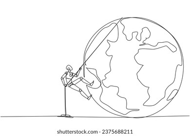 Single continuous line drawing smart robot climbing globe with the rope. Trying dominate the world with massive business expansion. Success reach top of the world. One line design vector illustration