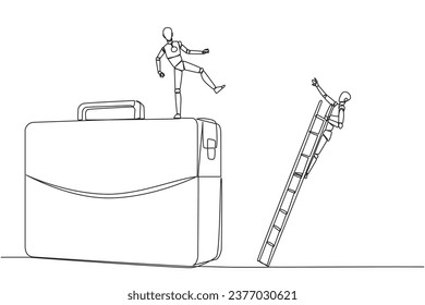 Un robot inteligente de dibujo de línea continua da patadas al oponente que está escalando el maletín con una escalera. Manténgase alejado de los intrusos que molestan los viajes de negocios. Rival. Ilustración vectorial de diseño de una línea