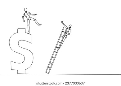 Ein einheitlicher, durchgehender, gezeichneter Roboter tritt den Konkurrenten, der mit einer Leiter auf ein Dollar-Symbol klettert. Ungesunder Wettbewerb. Mit rauen Methoden zu reduzieren. Eine Linie design, Vektorgrafik-Illustration