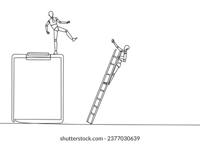 Single continuous line drawing smart robot kicks opponent who is climbing a big clipboard with a ladder. The bully will ruin the daily report. Chase away bullies. One line design vector illustration